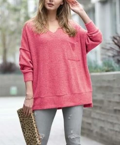 42POPS | Rose Melange V-Neck Hi-Low Pocket Sweater - Women