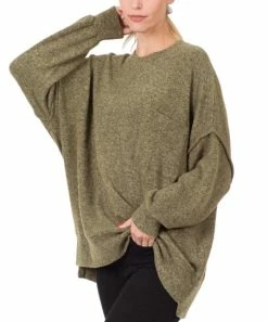 42POPS | Dark Olive Melange Drop-Shoulder Crewneck Sweater - Women