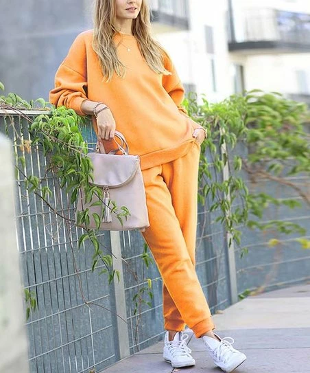 42POPS | Bright Orange Crewneck Sweatshirt & Drawstring Pocket Joggers - Women