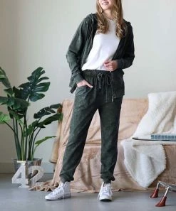 42POPS | Army Green Mineral-Wash Zip-Up Hoodie & Joggers - Women
