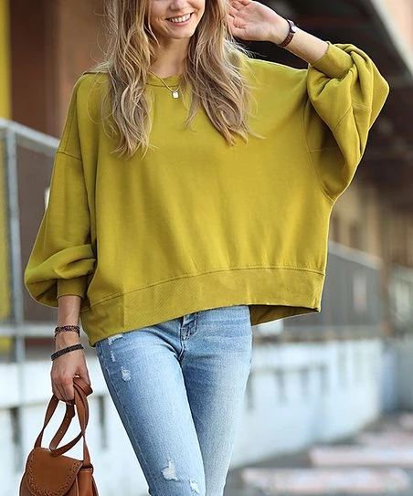 42POPS | Olive Mustard Drop-Shoulder Hi-Low Sweatshirt - Women