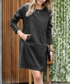 42POPS | Black Corduroy Boatneck Long-Sleeve Pocket Shift Dress - Women