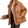 42POPS | Dark Camel Faux Leather Funnel-Collar Puffer Jacket - Women