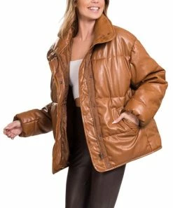 42POPS | Dark Camel Faux Leather Funnel-Collar Puffer Jacket - Women