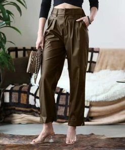 42POPS | Americano Faux Leather Pleated Pocket Straight-Leg Pants - Women