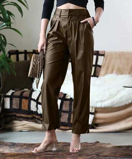 42POPS | Americano Faux Leather Pleated Pocket Straight-Leg Pants - Women