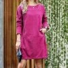 42POPS | Magenta Corduroy Boatneck Long-Sleeve Pocket Shift Dress - Women
