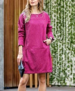 42POPS | Magenta Corduroy Boatneck Long-Sleeve Pocket Shift Dress - Women