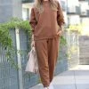 42POPS | Dark Camel Crewneck Sweatshirt & Drawstring Pocket Joggers - Women