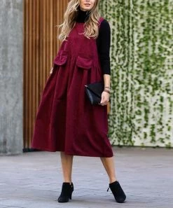 42POPS | Dark Burgundy Corduroy Sleeveless Midi Dress - Women