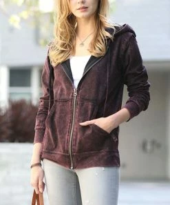 42POPS | Dark Burgundy Mineral-Wash Zip-Up Pocket Hoodie - Women