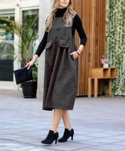 42POPS | Ash Gray Corduroy Sleeveless Midi Dress - Women