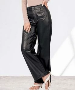 42POPS | Black Faux Leather High-Waist Pocket Straight-Leg Pants - Women