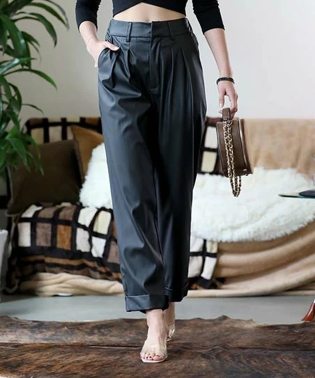42POPS | Black Faux Leather Pleated Pocket Straight-Leg Pants - Women