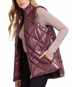 42POPS | Plum Quilted Faux Leather Mock Neck Zip-Up Puffer Vest - Women