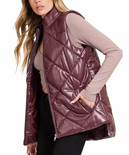 42POPS | Plum Quilted Faux Leather Mock Neck Zip-Up Puffer Vest - Women