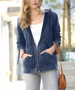 42POPS | Blue Gray Mineral-Wash Zip-Up Pocket Hoodie - Women