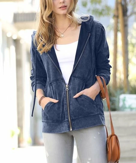 42POPS | Blue Gray Mineral-Wash Zip-Up Pocket Hoodie - Women
