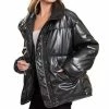 42POPS | Black Faux Leather Funnel-Collar Puffer Jacket - Women