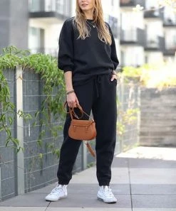 42POPS | Black Crewneck Sweatshirt & Drawstring Pocket Joggers - Women