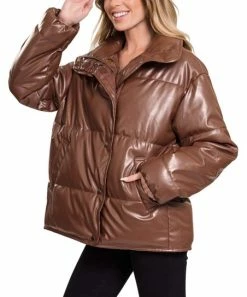 42POPS | Chocolate Faux Leather Funnel-Collar Puffer Jacket - Women