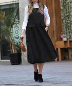 42POPS | Black Corduroy Sleeveless Midi Dress - Women