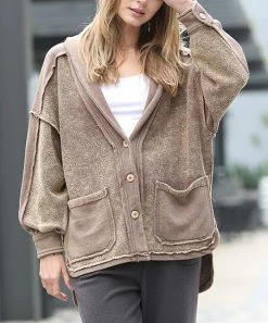 42POPS | Mocha Button-Up Drop-Shoulder Long-Sleeve Hi-Low Pocket Jacket - Women