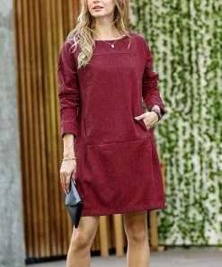 42POPS | Dark Burgundy Long-Sleeve Corduroy Pocket Mini Dress - Women