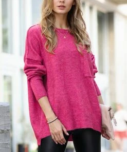 42POPS | Heather Magenta Melange Hi-Low Pocket Sweater - Women