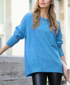 42POPS | Heather Deep Sky Melange Hi-Low Pocket Sweater - Women