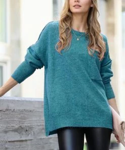 42POPS | Heather Teal Melange Hi-Low Pocket Sweater - Women