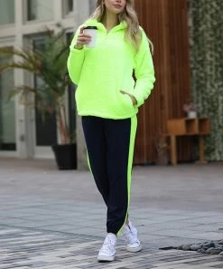 42POPS | Neon Lime Sherpa Pullover & Black & Neon Lime Stripe Sweatpants - Women