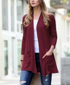 42POPS | Dark Burgundy Pocket Open Cardigan - Women