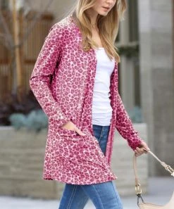 42POPS | Cranberry Leopard Pocket Open Cardigan - Women