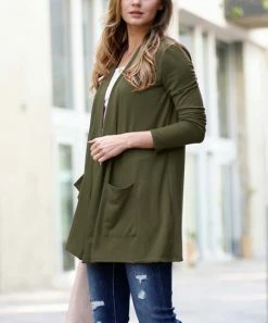 42POPS | Dark Olive Pocket Open Cardigan - Women