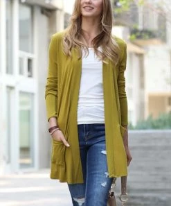42POPS | Olive Mustard Slouchy Pocket Open Cardigan - Women