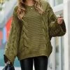 42POPS | Dusty Olive Cable-Knit Oversize Crewneck Bell-Sleeve Sweater - Women