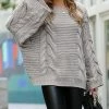 42POPS | Light Gray Cable-Knit Oversize Crewneck Bell-Sleeve Sweater - Women