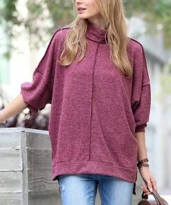 42POPS | Dark Burgundy Melange Hacci Mock Neck Sweater - Women