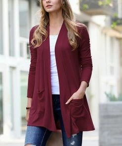 42POPS | Dark Burgundy Slouchy Pocket Open Cardigan - Women