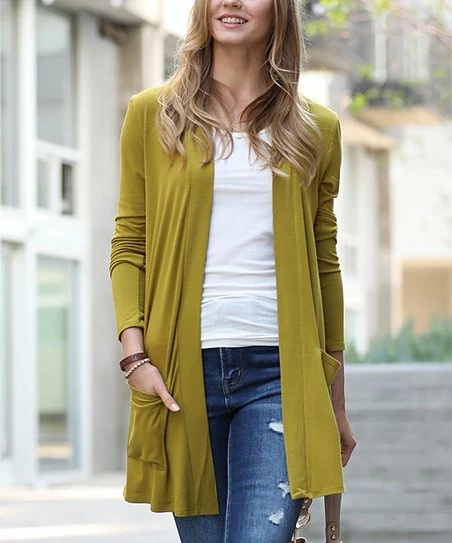 42POPS | Olive Mustard Slouchy Longline Open Pocket Cardigan - Women