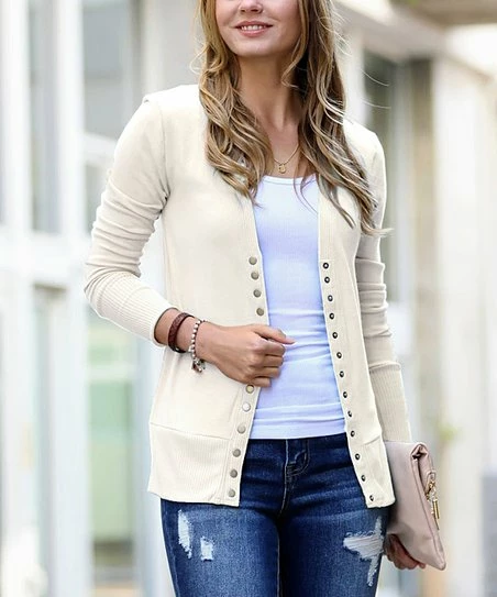 42POPS | Cream Ribbed Snap Cardigan - Women