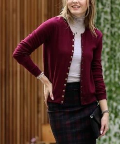 42POPS | Dark Burgundy Crewneck Long-Sleeve Snap Cardigan - Women