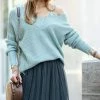 42POPS | Light Green Distressed V-Neck Bishop-Sleeve Sweater - Women