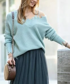 42POPS | Light Green Distressed V-Neck Bishop-Sleeve Sweater - Women