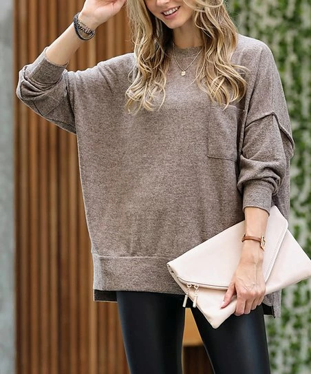 42POPS | Mocha Melange Oversize V-Neck Pocket Sweater - Women