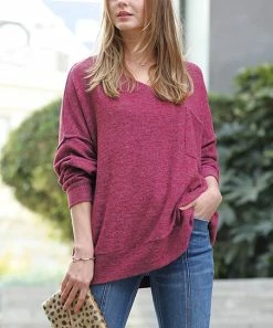 42POPS | Magenta Melange V-Neck Hi-Low Pocket Sweater - Women