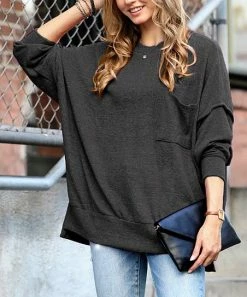 42POPS | Charcoal Melange Oversize Crewneck Long-Sleeve Hi-Low Pocket Sweater - Women