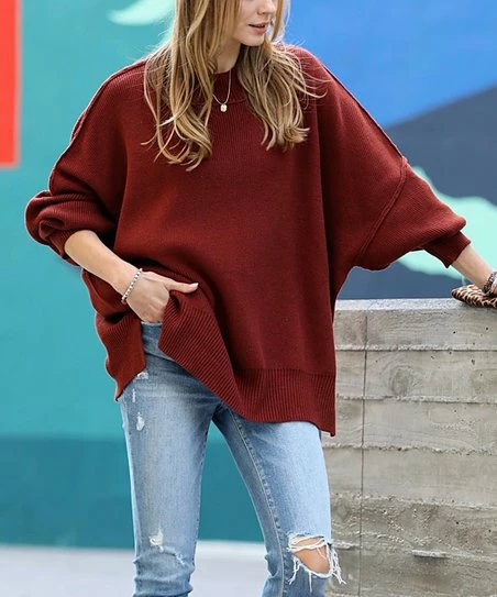 42POPS | Dark Rust Side-Slit Oversize Crewneck Dolman Sweater - Women