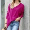 42POPS | Magenta Thermal Waffle V-Neck Hi-Low Sweater - Women